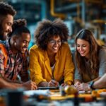 Grupo diverso discutindo oportunidades de trabalho técnico.