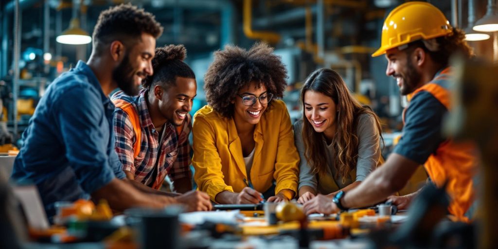 Grupo diverso discutindo oportunidades de trabalho técnico.