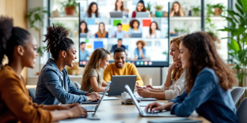 Estudantes aprendendo online em um ambiente moderno.