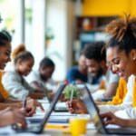 Sala de aula com alunos aprendendo online e presencialmente.