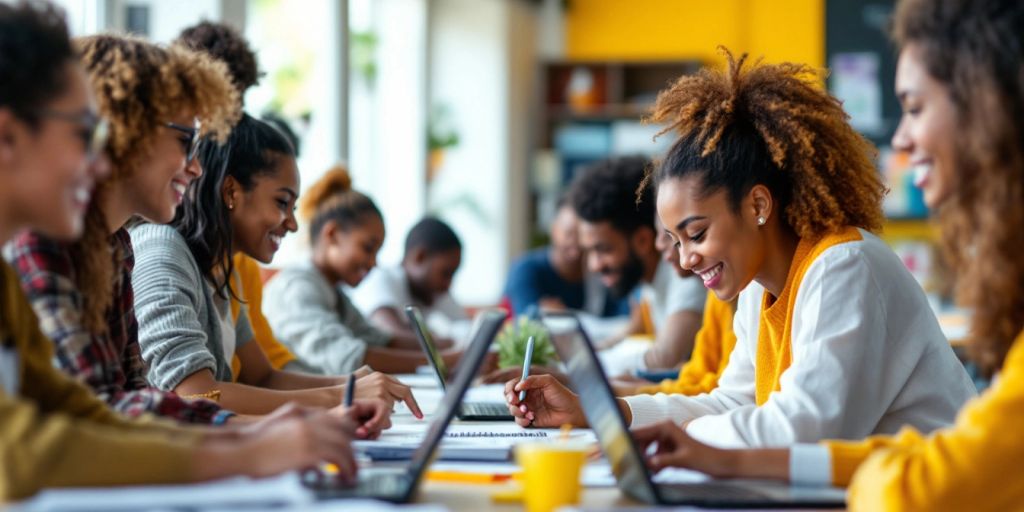 Sala de aula com alunos aprendendo online e presencialmente.