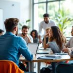 Sala de aula com alunos engajados em discussões.