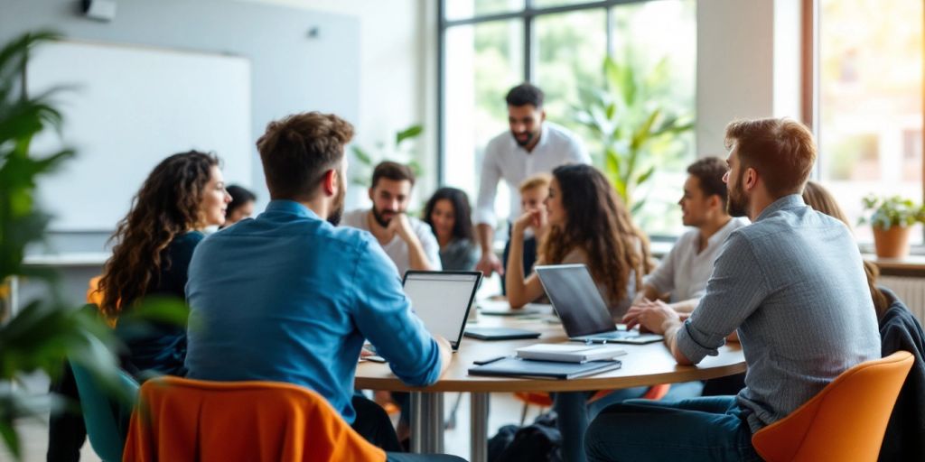 Sala de aula com alunos engajados em discussões.