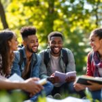 Estudantes discutindo ao ar livre com livros e mochilas.