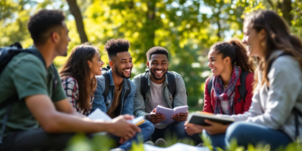 Estudantes discutindo ao ar livre com livros e mochilas.