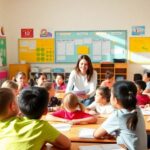 Sala de aula vibrante com alunos e professor.