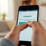Mão segurando celular com aplicativo Caixa Tem aberto.