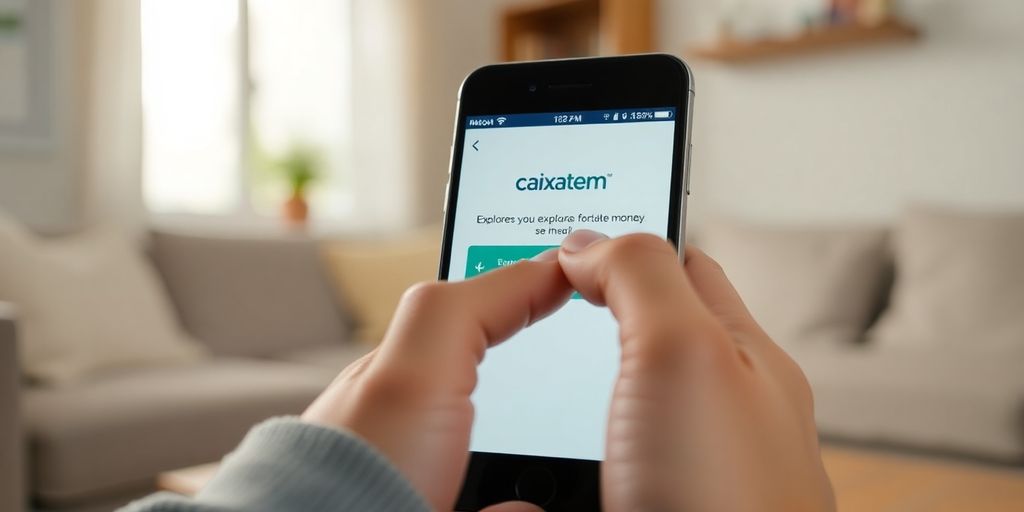 Mão segurando celular com aplicativo Caixa Tem aberto.
