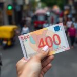 Nota de R$ 400 em mãos, foco na entrega financeira.