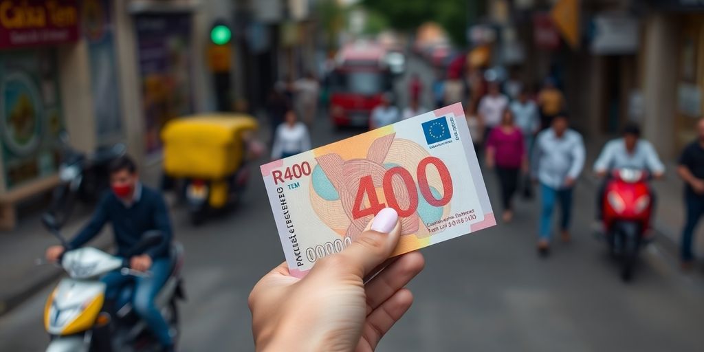 Nota de R$ 400 em mãos, foco na entrega financeira.