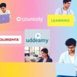 Collage of online learning platforms and students engaging.