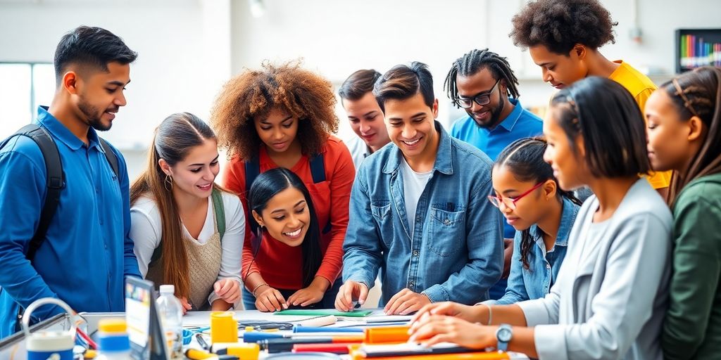 Jovens aprendizes em atividades profissionais e colaborativas.