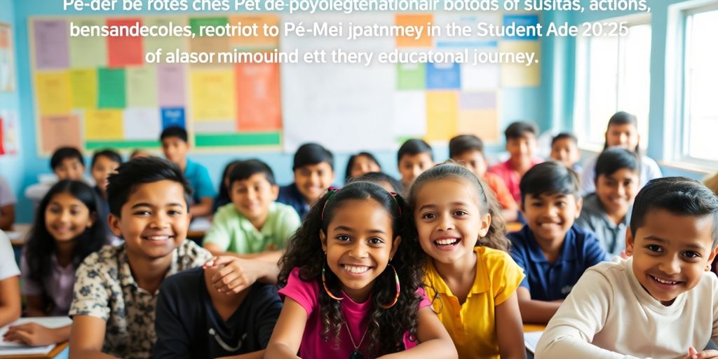 Sala de aula vibrante com alunos diversos aprendendo juntos.