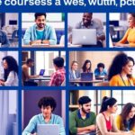 Estudantes aprendendo em cursos online e presenciais.