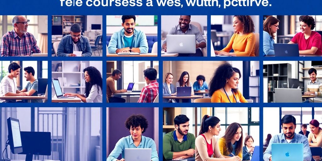Estudantes aprendendo em cursos online e presenciais.