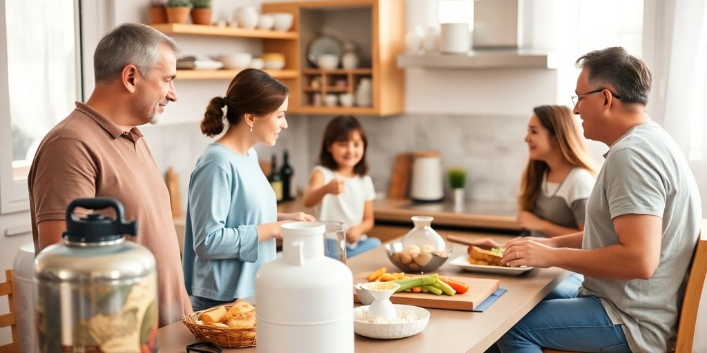 Família feliz com gás de cozinha