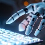 Robô futurista interagindo com um teclado digital luminoso flutuante.