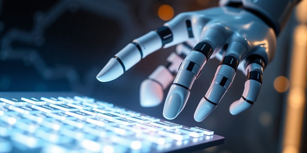 Robô futurista interagindo com um teclado digital luminoso flutuante.