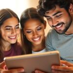 Família consultando informações no celular