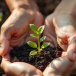 Mãos segurando planta jovem a crescer