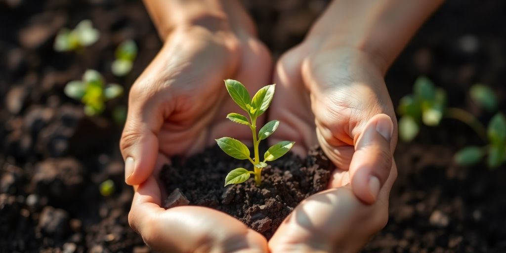 Mãos segurando planta jovem a crescer
