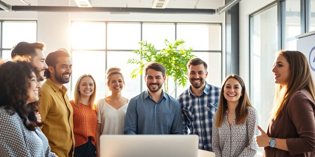 Pessoas sorrindo em um ambiente de escritório moderno.