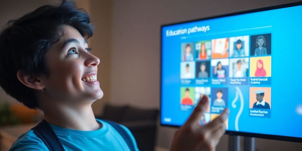 Person looking at a bright digital learning interface.