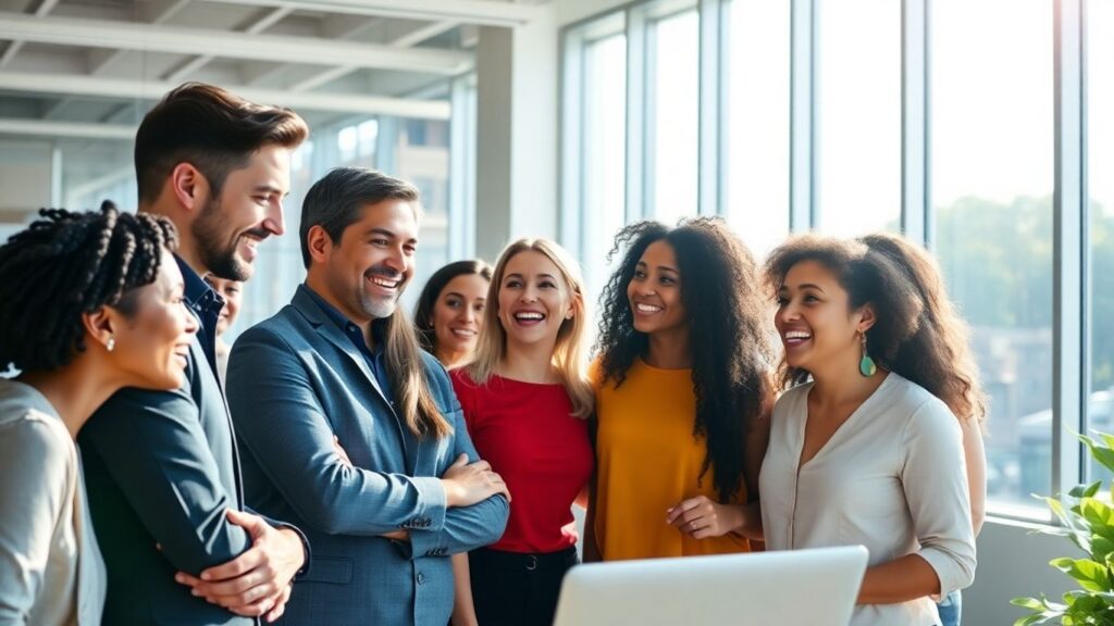 Profissionais sorrindo em um escritório moderno e iluminado.