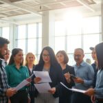 Pessoas em reunião em um escritório moderno e iluminado.