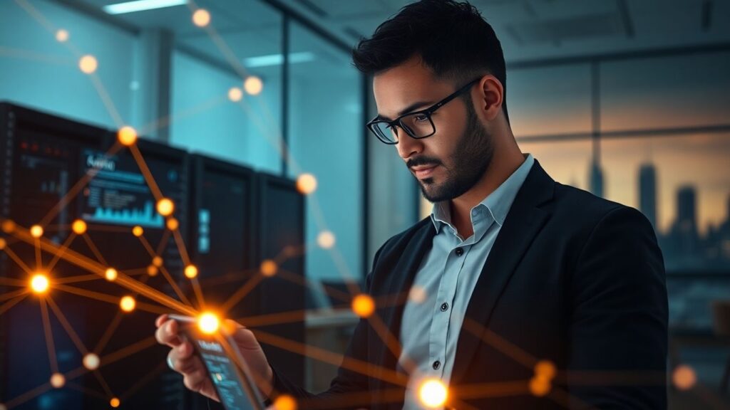 Especialista de riesgo tecnológico en oficina moderna.