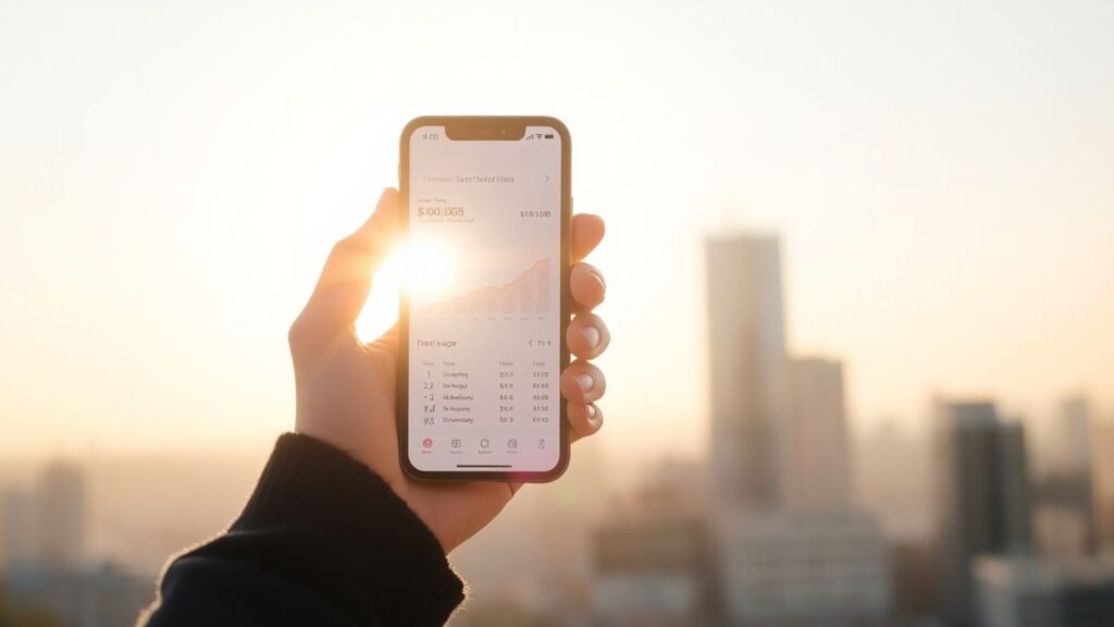 Persona feliz con teléfono mostrando app de finanzas.