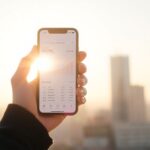 Persona feliz con teléfono mostrando app de finanzas.