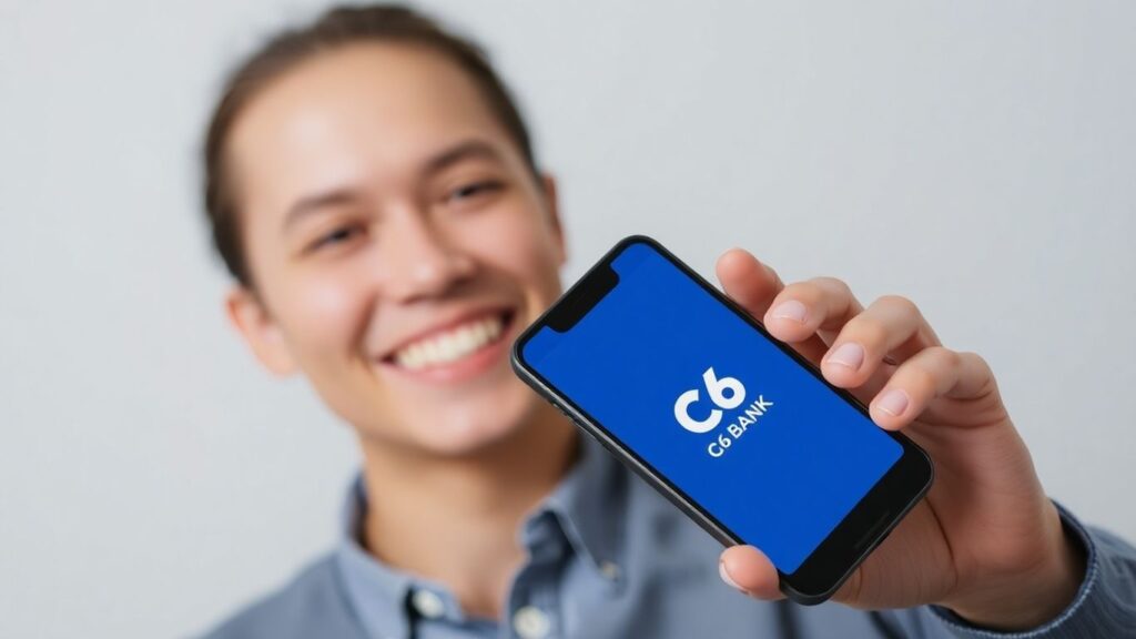 Pessoa sorrindo com celular do C6 Bank