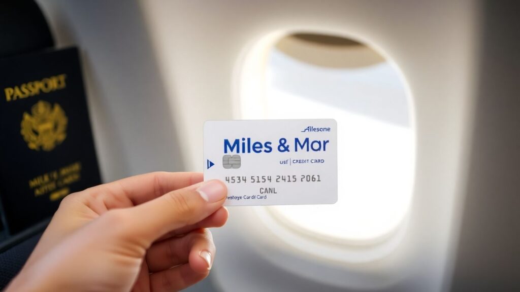 Miles & More Kreditkarte mit Reisepass und Flugzeugfenster