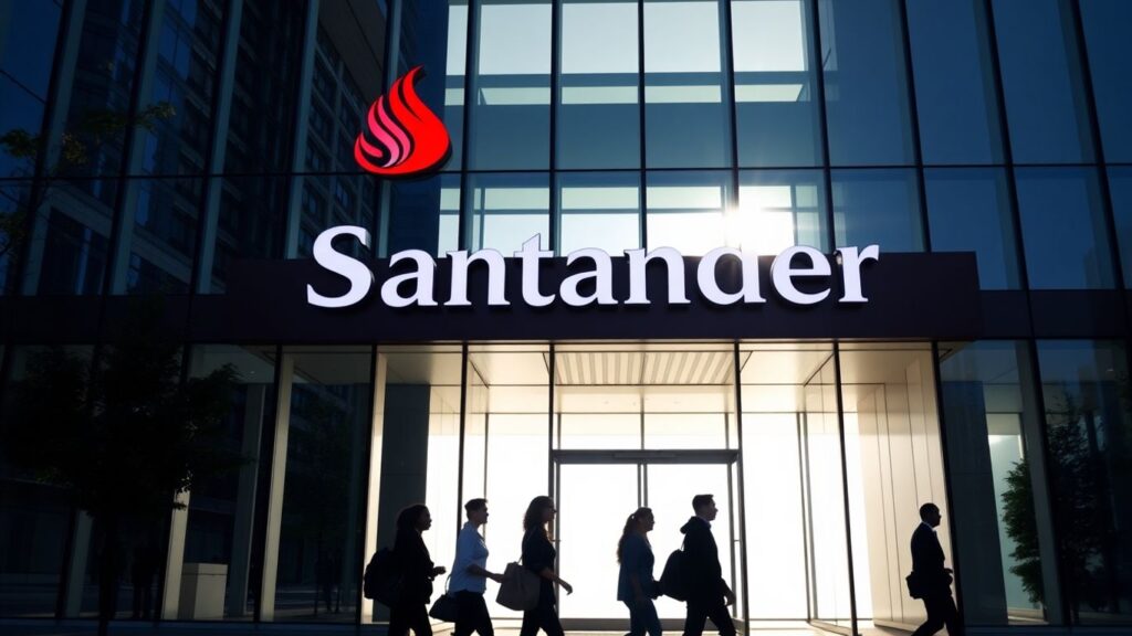 Prédio moderno do Santander com pessoas entrando.