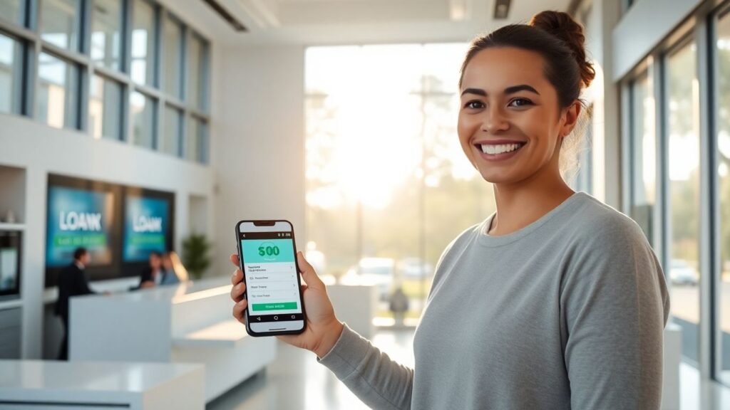 Persona sonriente con teléfono móvil solicitando préstamo.