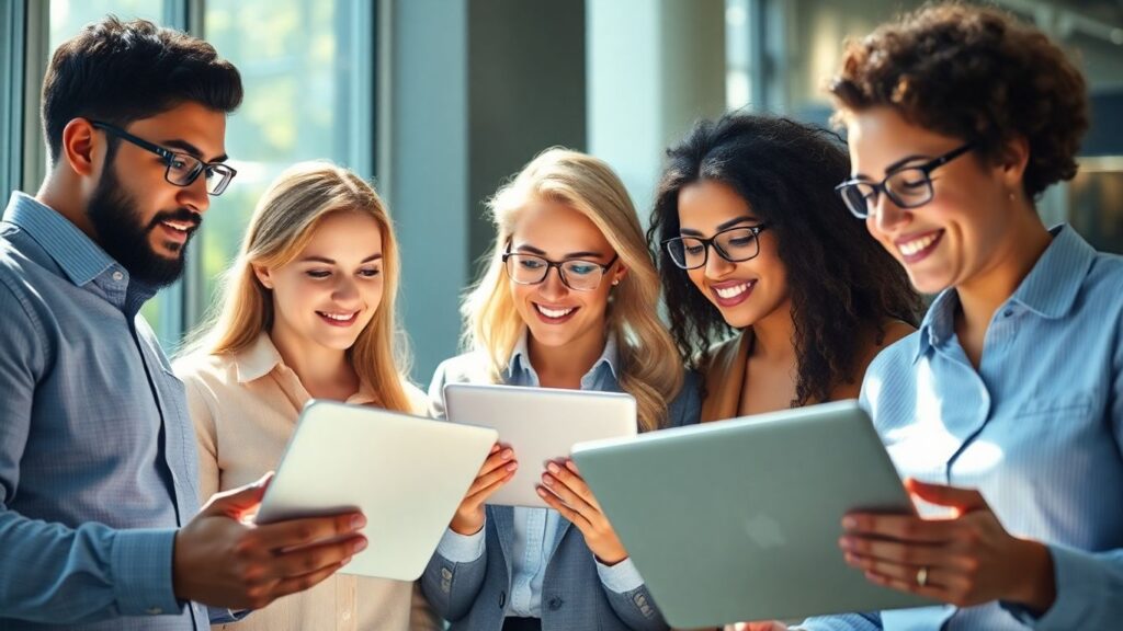 Personas buscando trabajo en línea con dispositivos digitales.