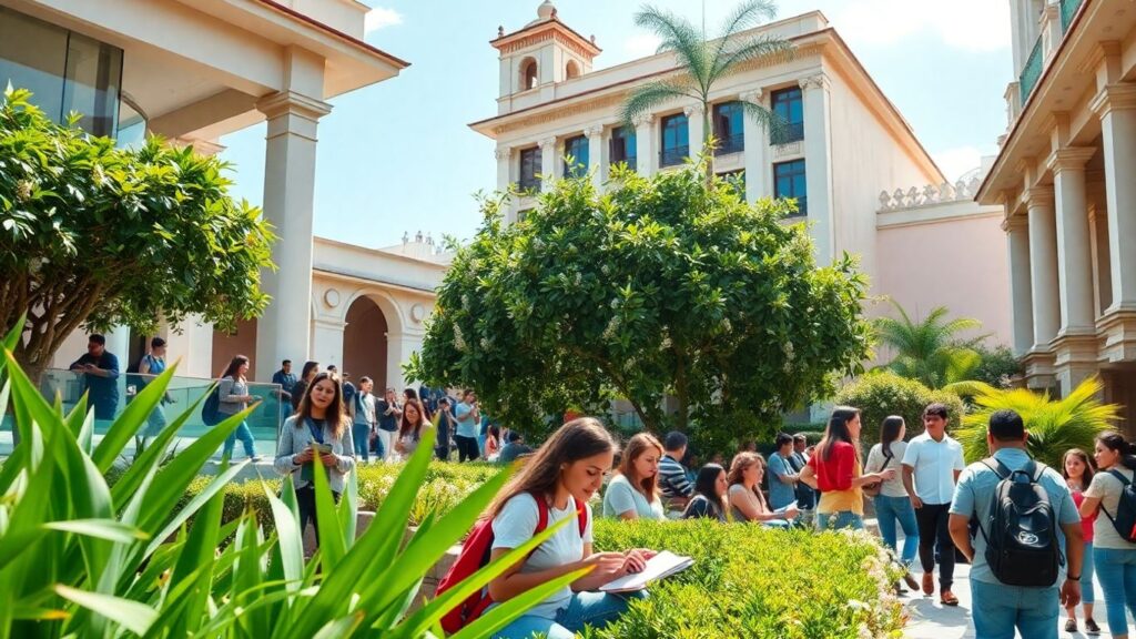 Estudiantes mexicanos en campus universitarios vibrantes.