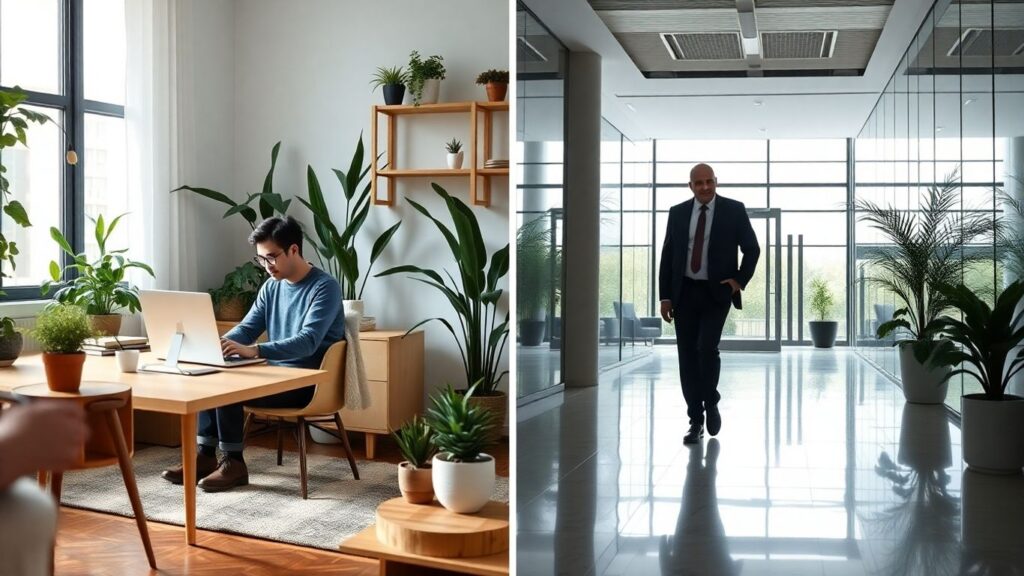 Persona trabajando en casa y en oficina moderna.