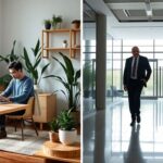 Persona trabajando en casa y en oficina moderna.