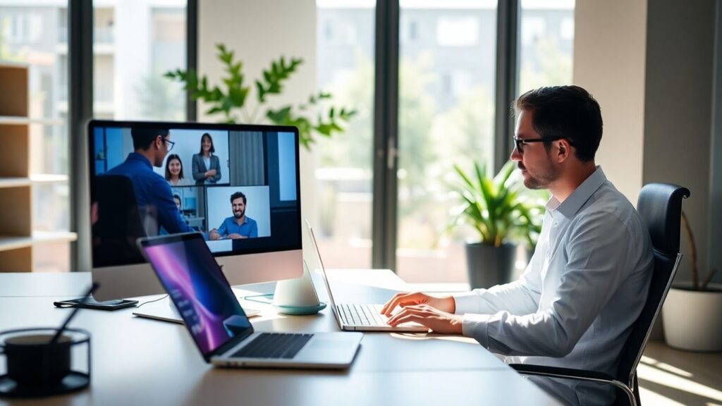 Persona trabajando en oficina y remotamente en 2025.