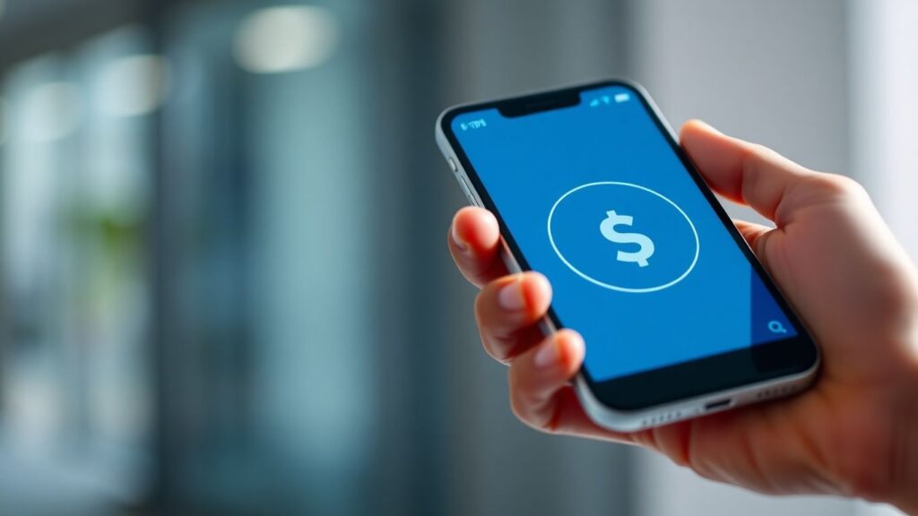 Mano sosteniendo un teléfono con símbolos de dinero.