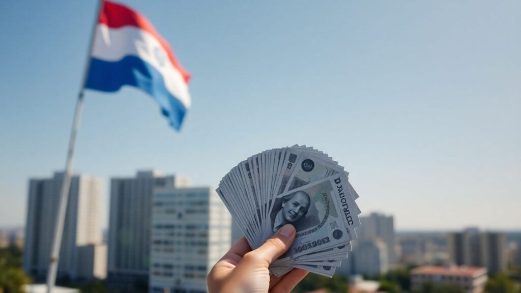 Bandera de Paraguay y billetes de guaraní.