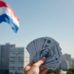 Bandera de Paraguay y billetes de guaraní.