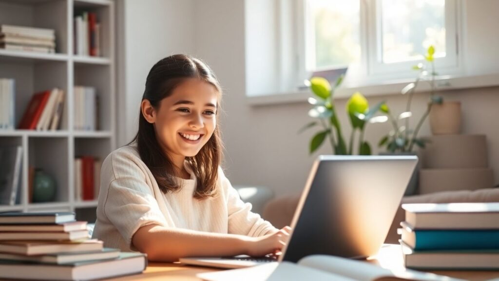 Jovem estudando online gratuitamente no Bradesco Cursos.