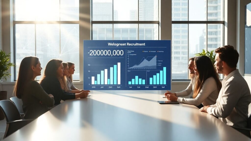 Profissionais colaborando em um escritório moderno com interface digital.