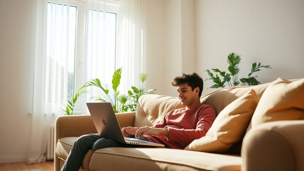 Pessoa estudando em casa com laptop.