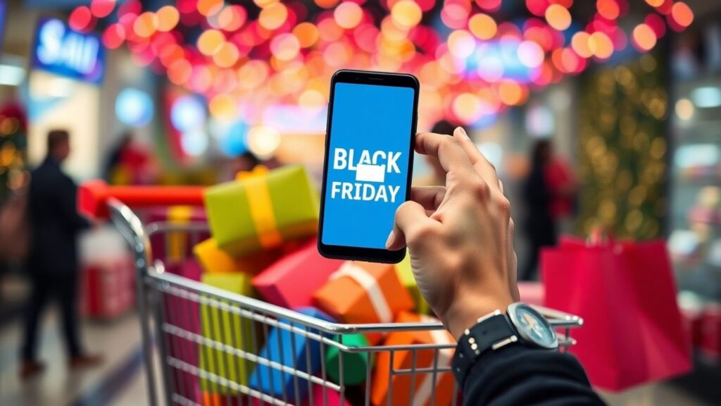 Carrinho de compras cheio de presentes e smartphone.