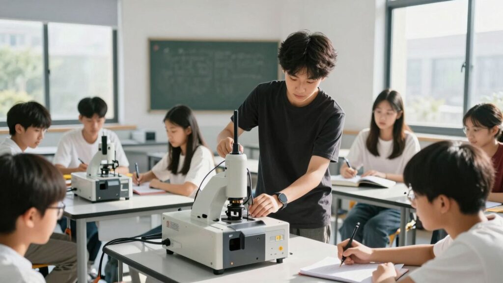 Estudantes em sala de aula técnica do SENAI aprendendo.