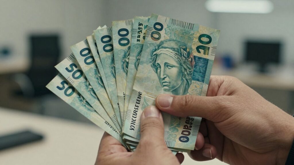 Mão segurando dinheiro do FGTS com fundo desfocado.